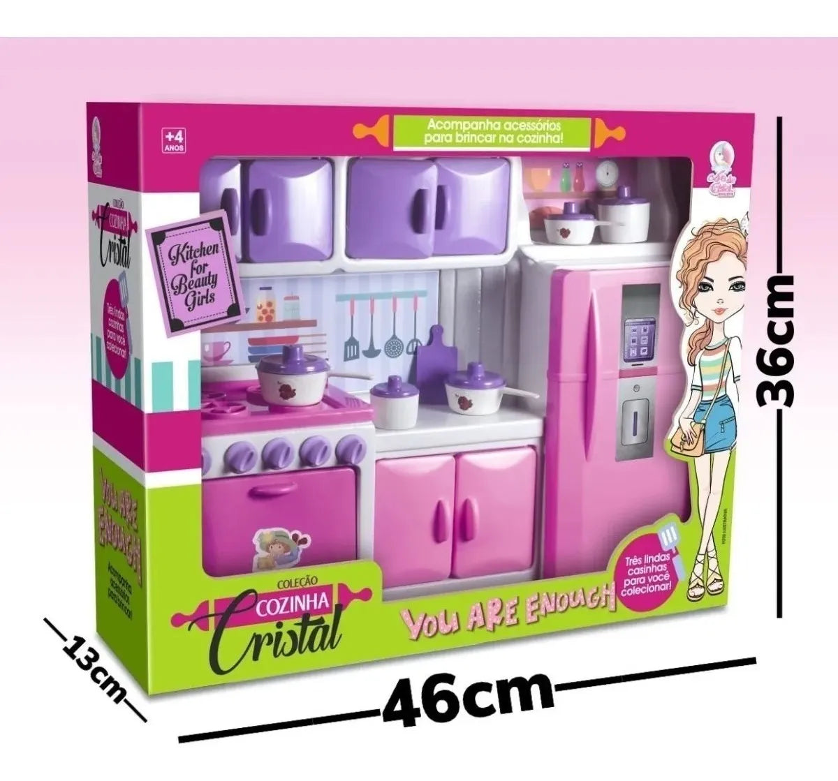Cozinha Cristal Rosa Infantil Geladeira Fogao Completa 42cm