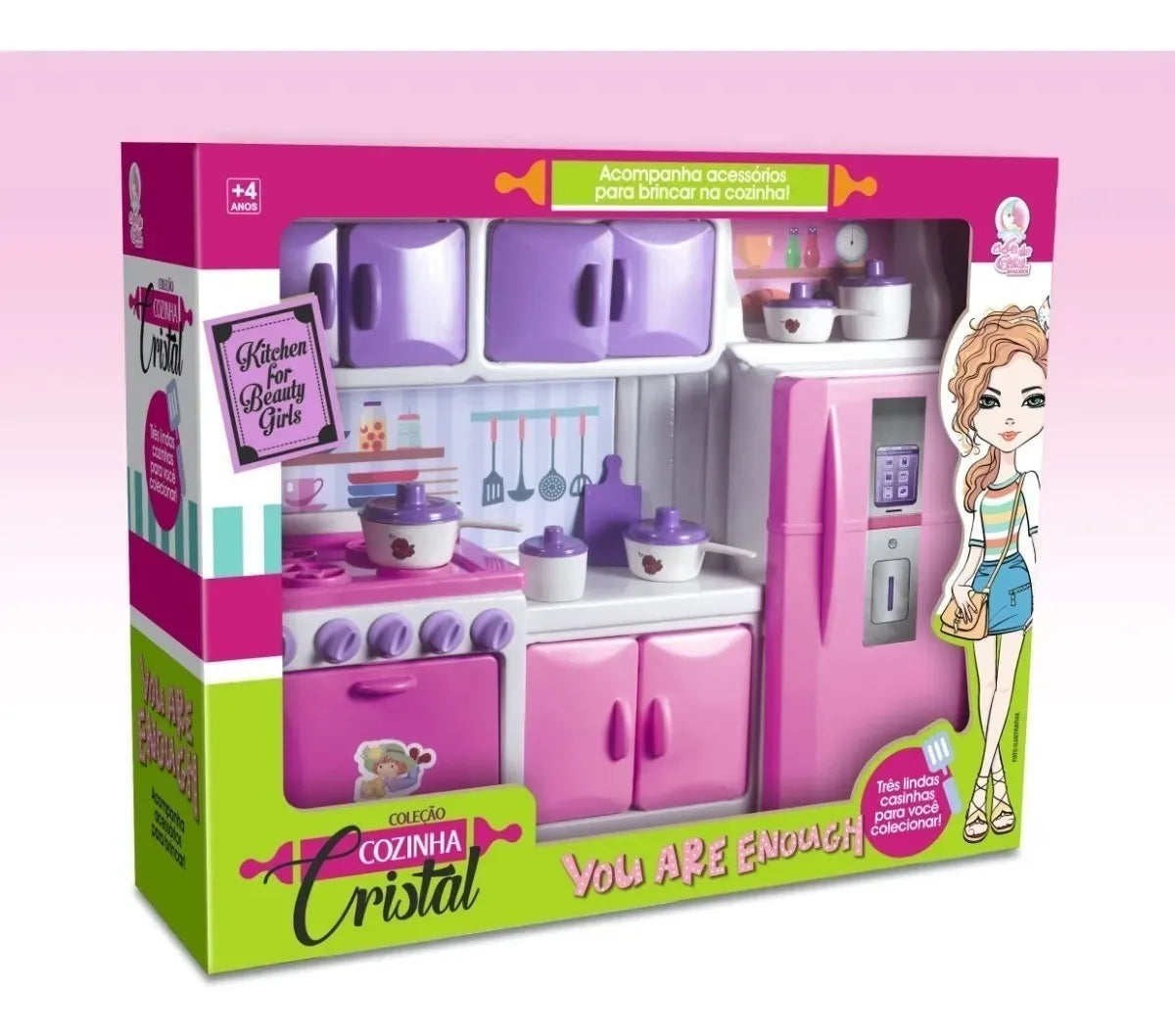 Cozinha Cristal Rosa Infantil Geladeira Fogao Completa 42cm