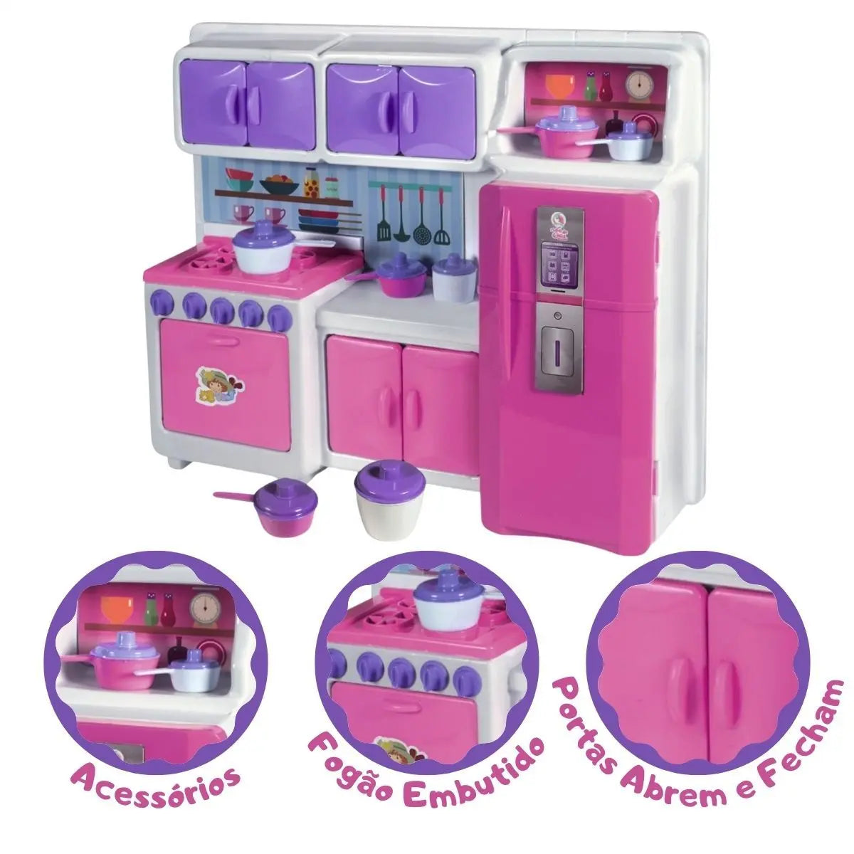 Cozinha Cristal Rosa Infantil Geladeira Fogao Completa 42cm