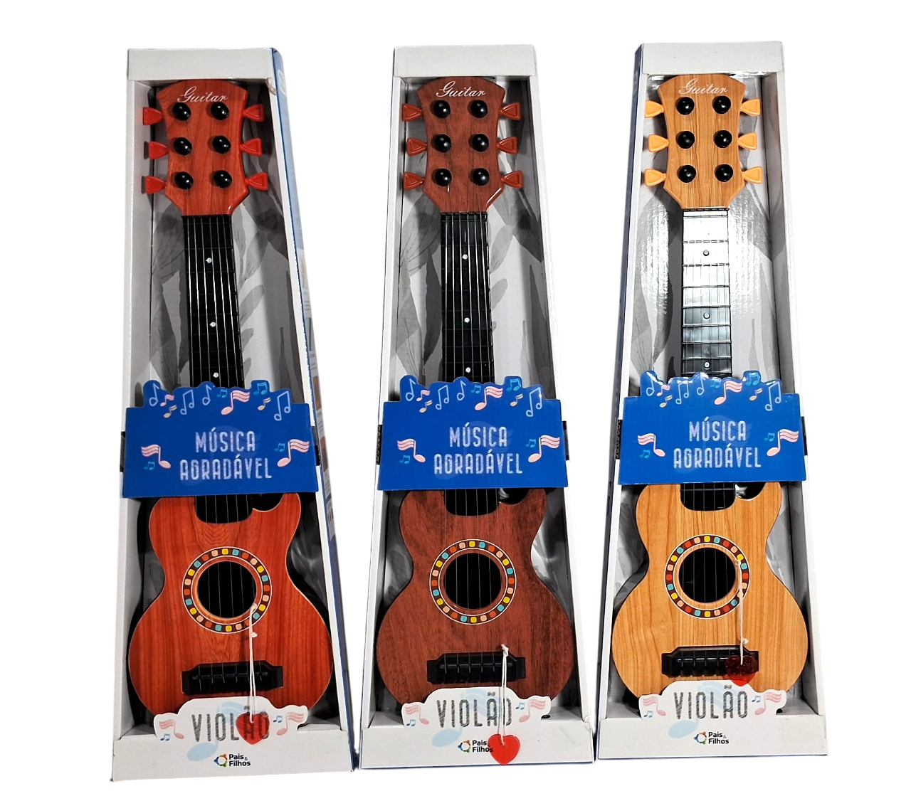 01 Violão Infantil com 06 cordas de aço e 06 tarraxas ajustáveis 01 Palheta Brinde