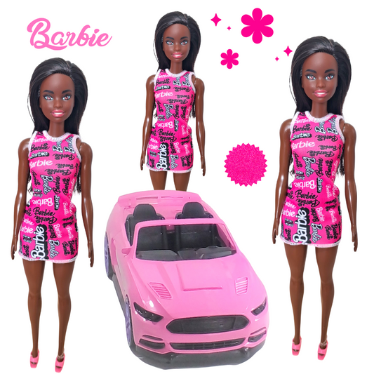 Carrinho Rosa Conversível + Boneca Barbie Negra Original